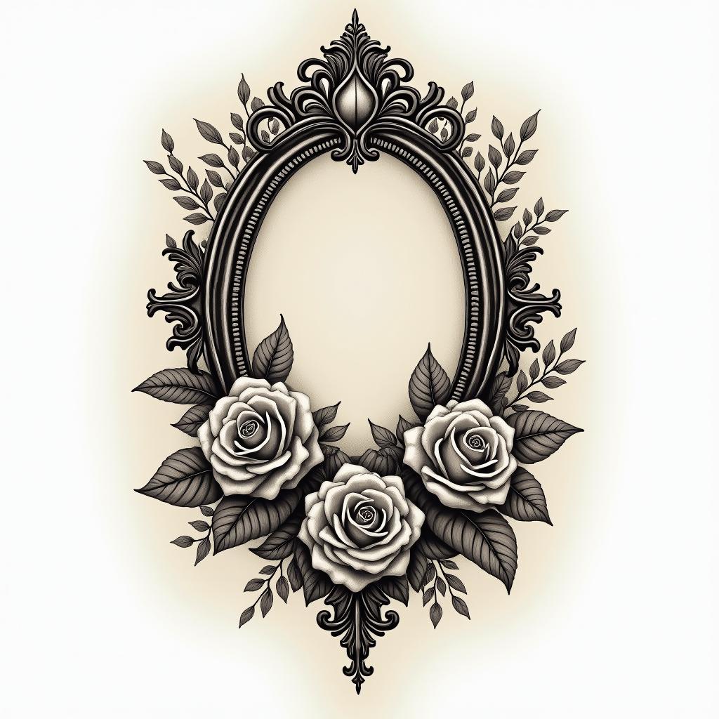 M Pokorain victorian style tattoo, featuring vintage and elegant elements, ornate frames, roses, antique, sepia-toned color scheme - Variation 2