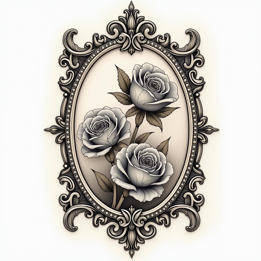 M Pokorain victorian style tattoo, featuring vintage and elegant elements, ornate frames, roses, antique, sepia-toned color scheme - Variation 4