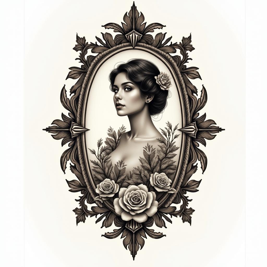 M Pokorain victorian style tattoo, featuring vintage and elegant elements, ornate frames, roses, antique, sepia-toned color scheme - Variation 3