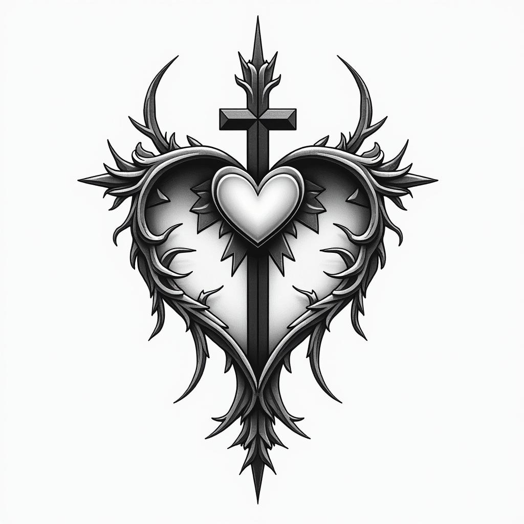 A cross and heart for inside eartext-based tattoo, japanese font ultra-realistic, perfectly placed, high-quality font design, photo-realistic shading, 8k, high quality, finely detailed typograph - Variation 3