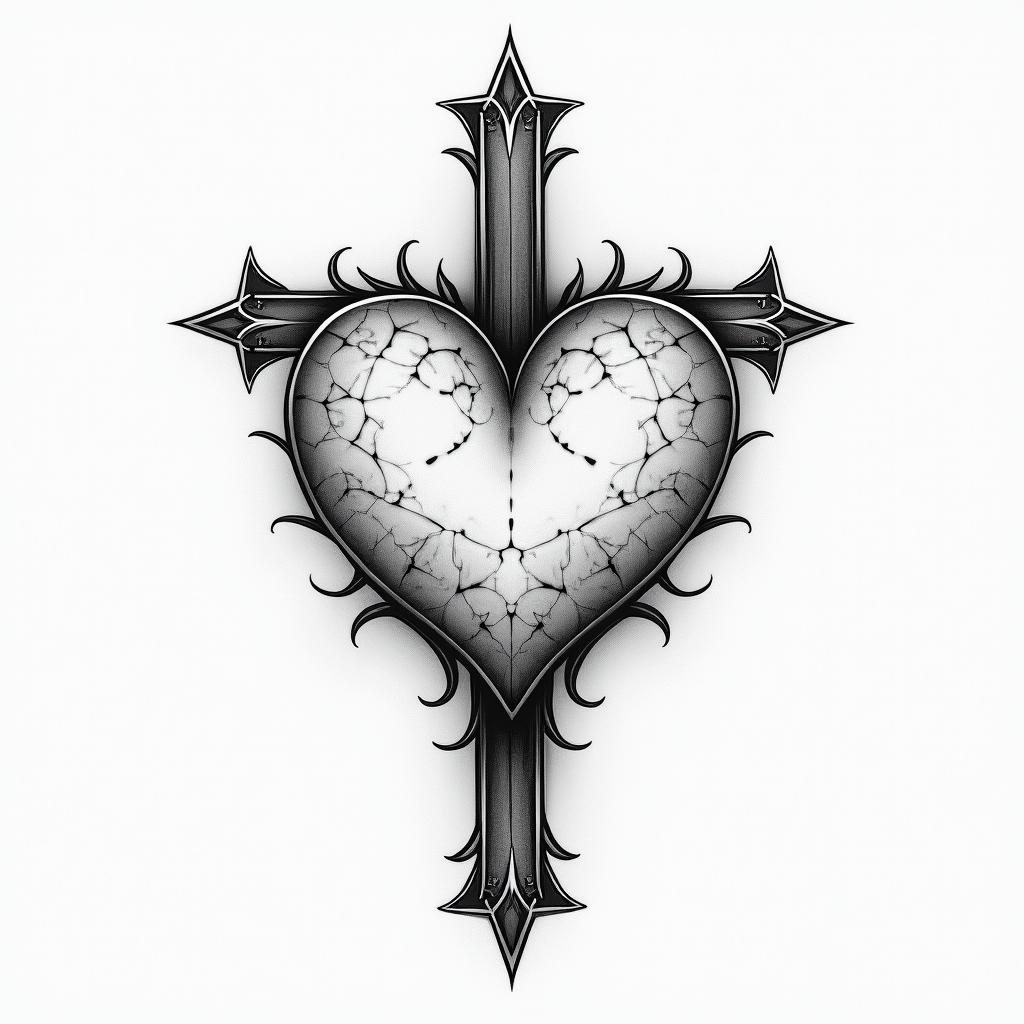 A cross and heart for inside eartext-based tattoo, japanese font ultra-realistic, perfectly placed, high-quality font design, photo-realistic shading, 8k, high quality, finely detailed typograph - Variation 2