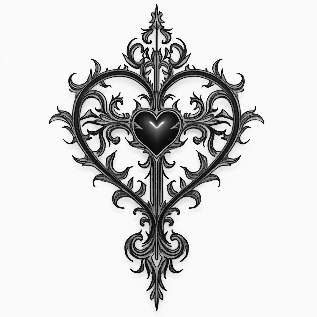 A cross and heart for inside eartext-based tattoo, japanese font ultra-realistic, perfectly placed, high-quality font design, photo-realistic shading, 8k, high quality, finely detailed typograph - Variation 4