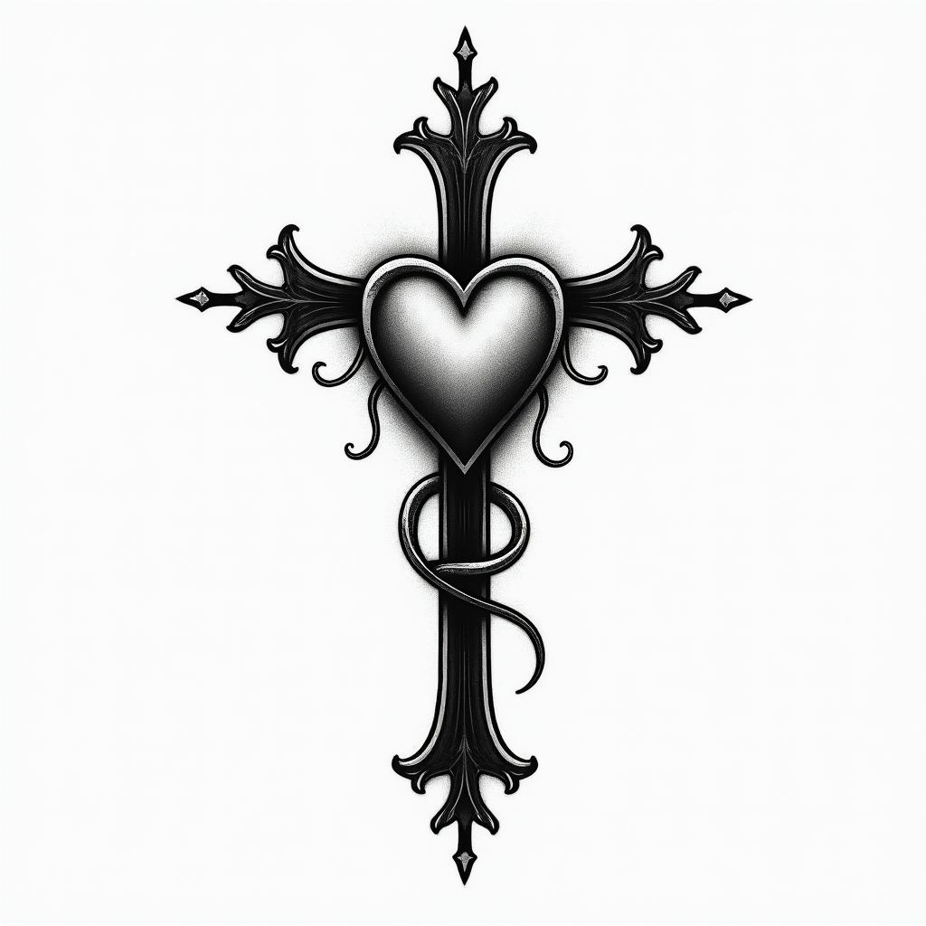 A cross and heart for inside eartext-based tattoo, japanese font ultra-realistic, perfectly placed, high-quality font design, photo-realistic shading, 8k, high quality, finely detailed typograph