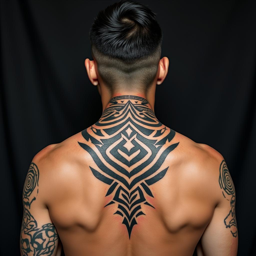Want it to have good colorsin tribal tattoo style, featuring bold and black geometric shapes, curved lines, intertwine and flow seamlessly, creating a powerful and symbolic design, polynesian and maori styles - Variation 2