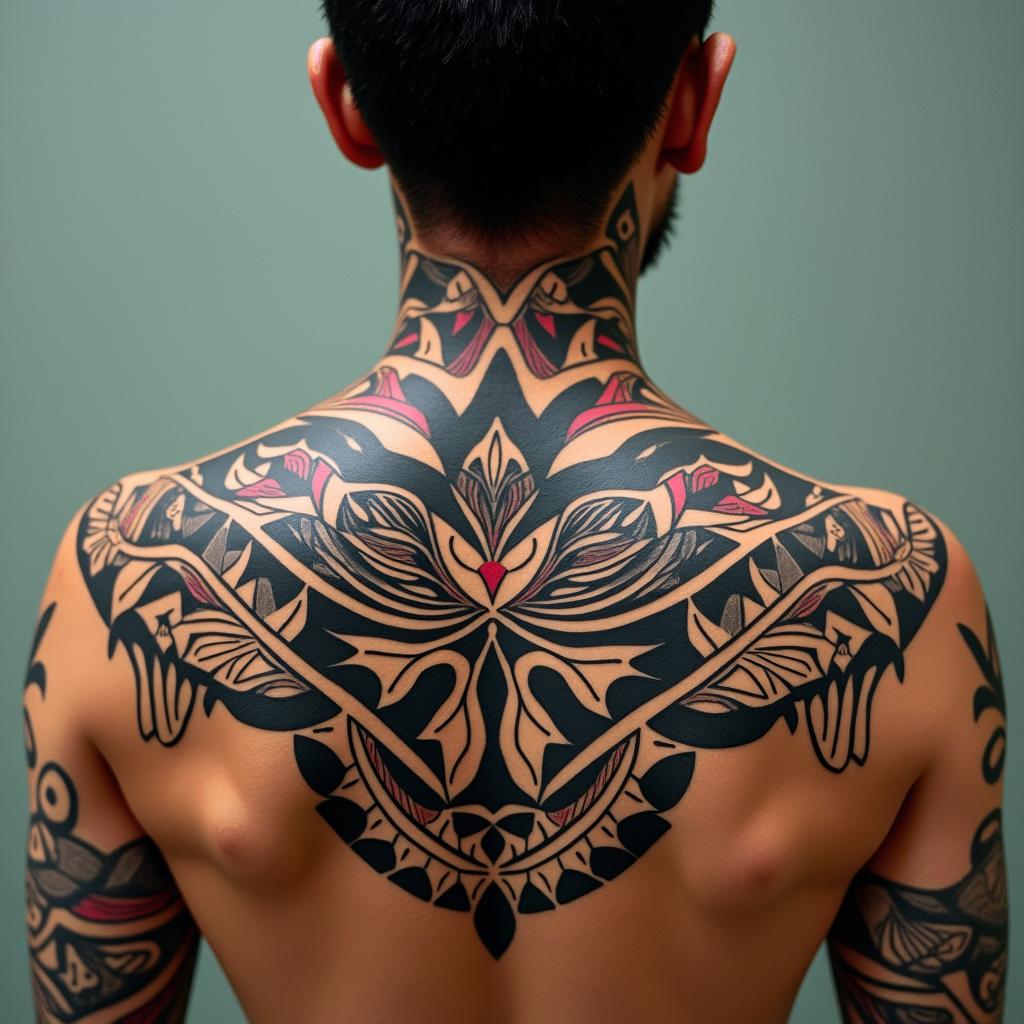 Want it to have good colorsin tribal tattoo style, featuring bold and black geometric shapes, curved lines, intertwine and flow seamlessly, creating a powerful and symbolic design, polynesian and maori styles