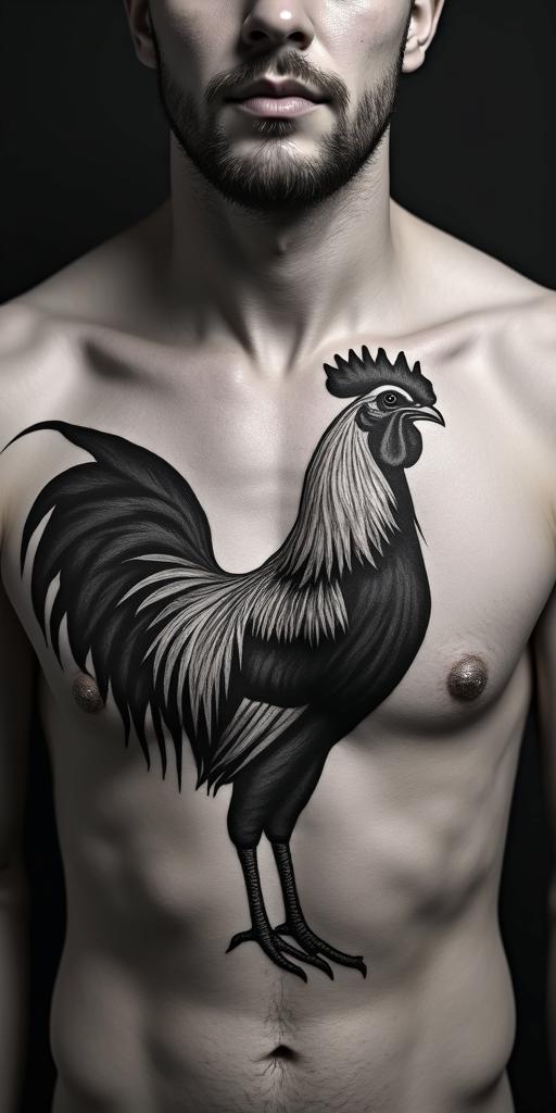 A proud rooster with a hint of geminiin realism tattoo style, featuring a highly detailed, lifelike, capturing every detail, photorealistic, ultra realistic, intricate shading, smooth and sharp,   - Variation 2