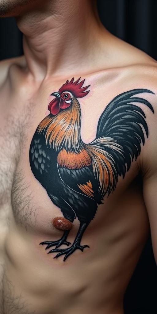 A proud rooster with a hint of geminiin realism tattoo style, featuring a highly detailed, lifelike, capturing every detail, photorealistic, ultra realistic, intricate shading, smooth and sharp,  