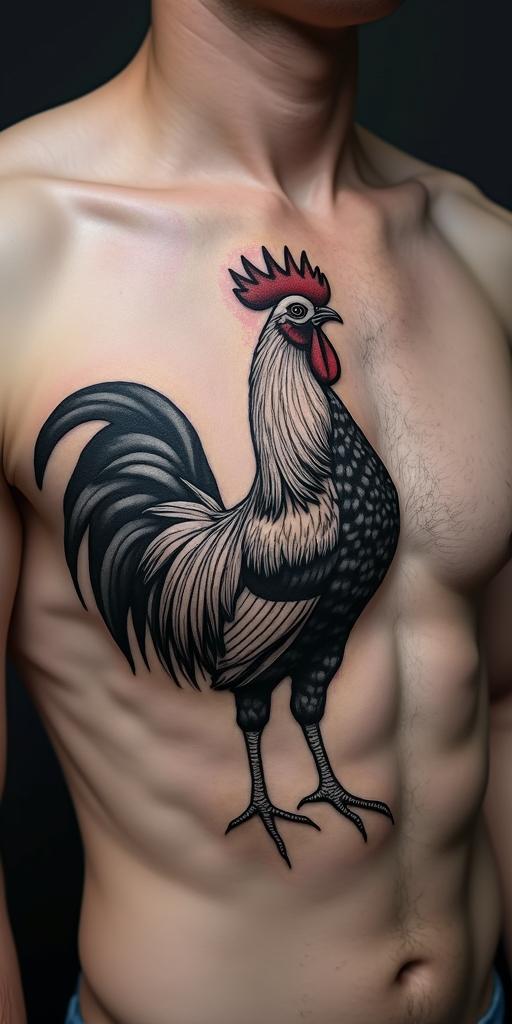 A proud rooster with a hint of geminiin realism tattoo style, featuring a highly detailed, lifelike, capturing every detail, photorealistic, ultra realistic, intricate shading, smooth and sharp,   - Variation 4