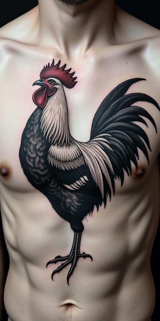 A proud angry rooster floating in the air in realism tattoo style, featuring a highly detailed, lifelike, capturing every detail, photorealistic, ultra realistic, intricate shading, smooth and sharp,   - Variation 4