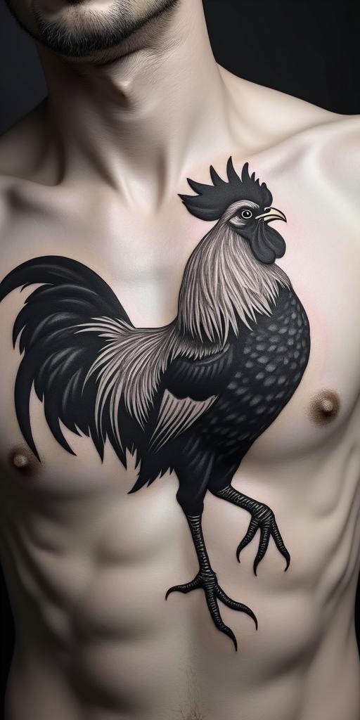 A proud angry rooster floating in the air in realism tattoo style, featuring a highly detailed, lifelike, capturing every detail, photorealistic, ultra realistic, intricate shading, smooth and sharp,   - Variation 3