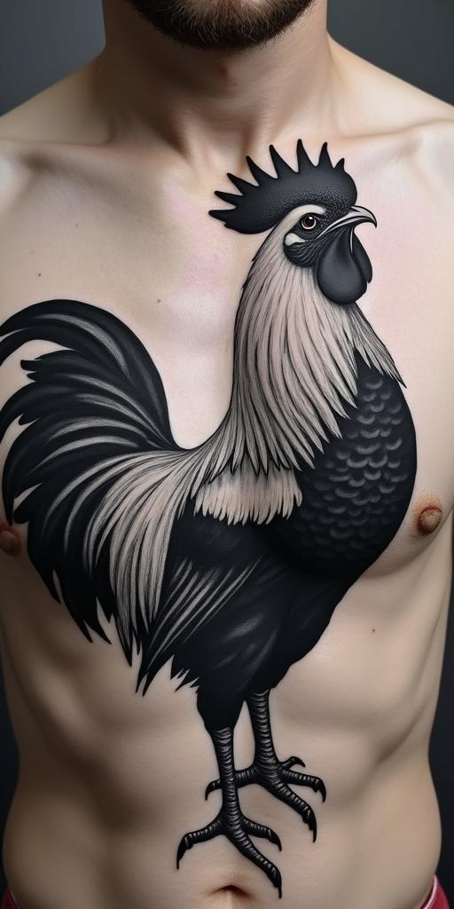 A proud angry rooster floating in the air in realism tattoo style, featuring a highly detailed, lifelike, capturing every detail, photorealistic, ultra realistic, intricate shading, smooth and sharp,   - Variation 2
