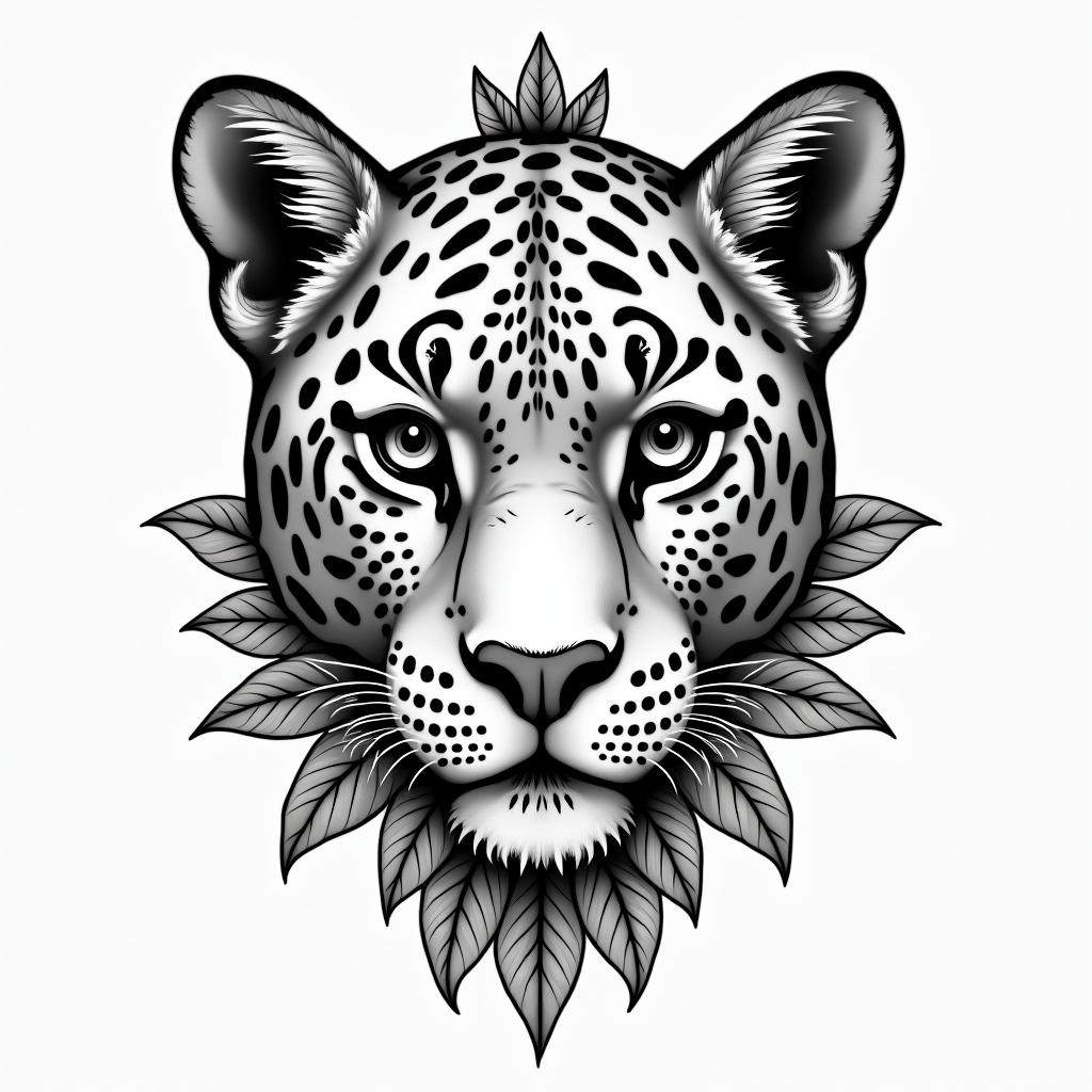 A leopard face tattoo with different leafs and tropical leafs incorporated in it and in
mandela designhigly detailed tattoo - Variation 3