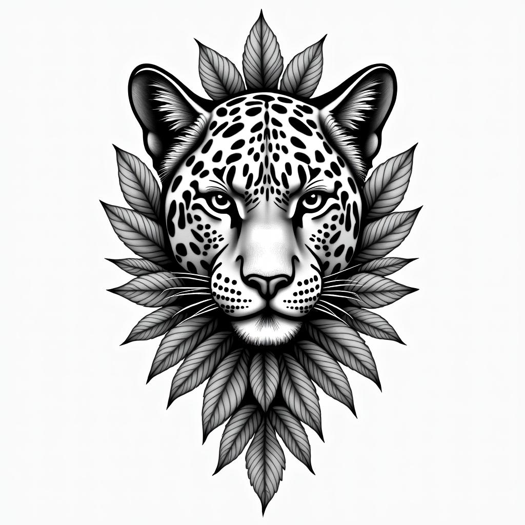 A leopard face tattoo with different leafs and tropical leafs incorporated in it and in
mandela designhigly detailed tattoo