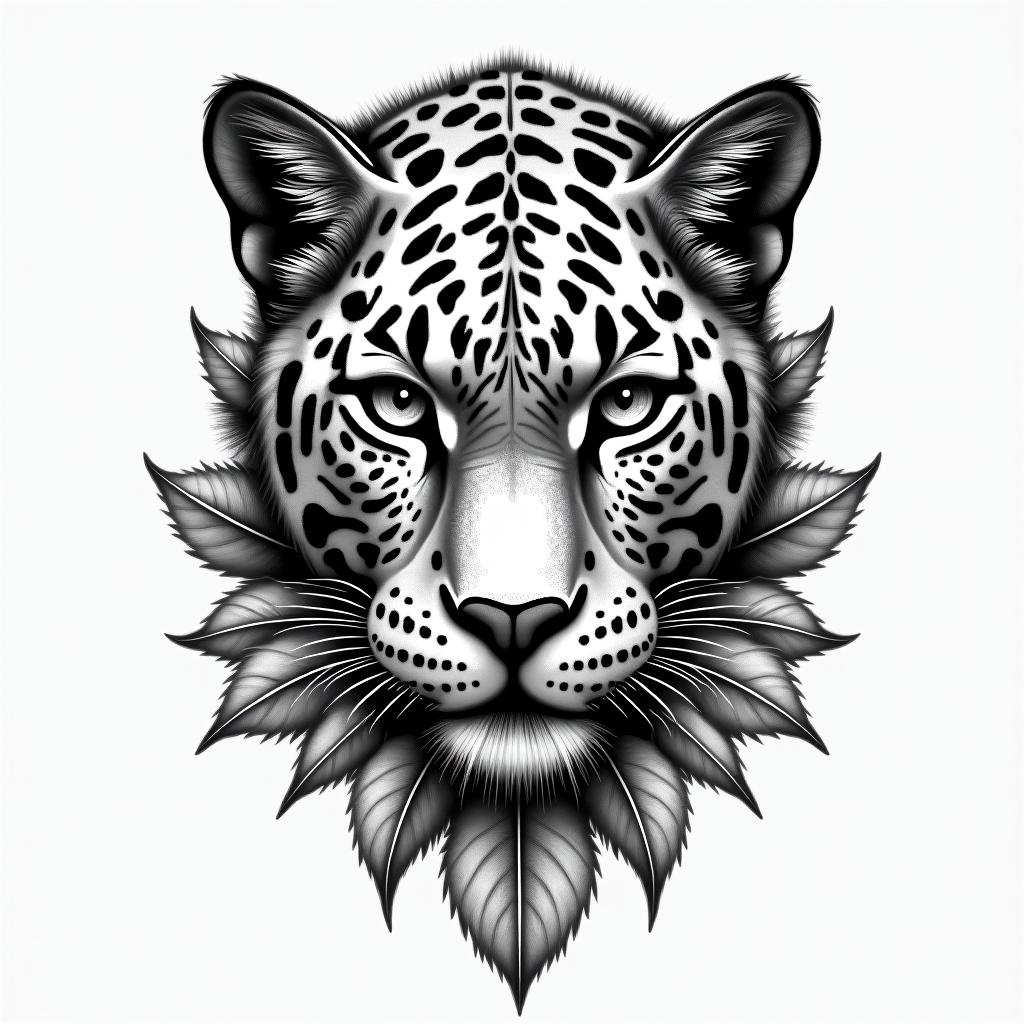 A leopard face tattoo with different leafs and tropical leafs incorporated in it and in
mandela designhigly detailed tattoo - Variation 2