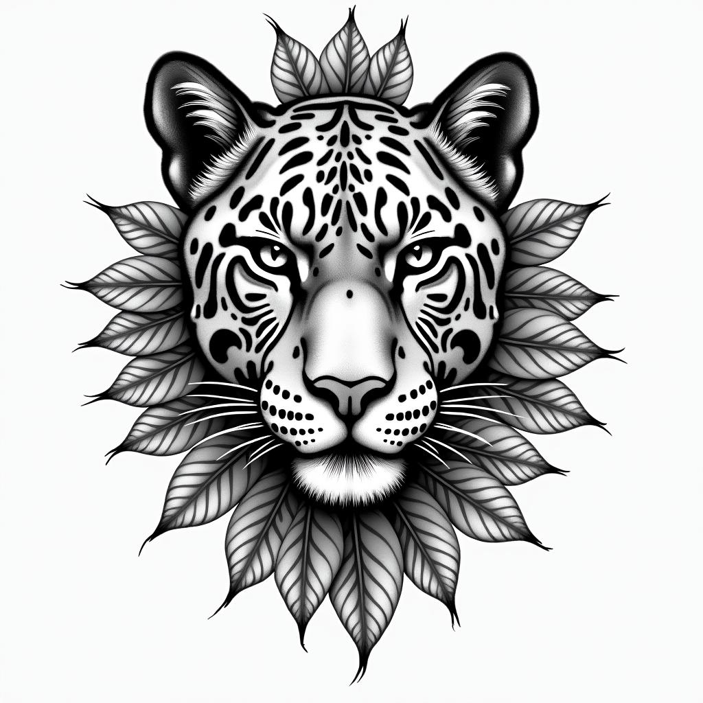 A leopard face tattoo with different leafs and tropical leafs incorporated in it and in
mandela designhigly detailed tattoo - Variation 4