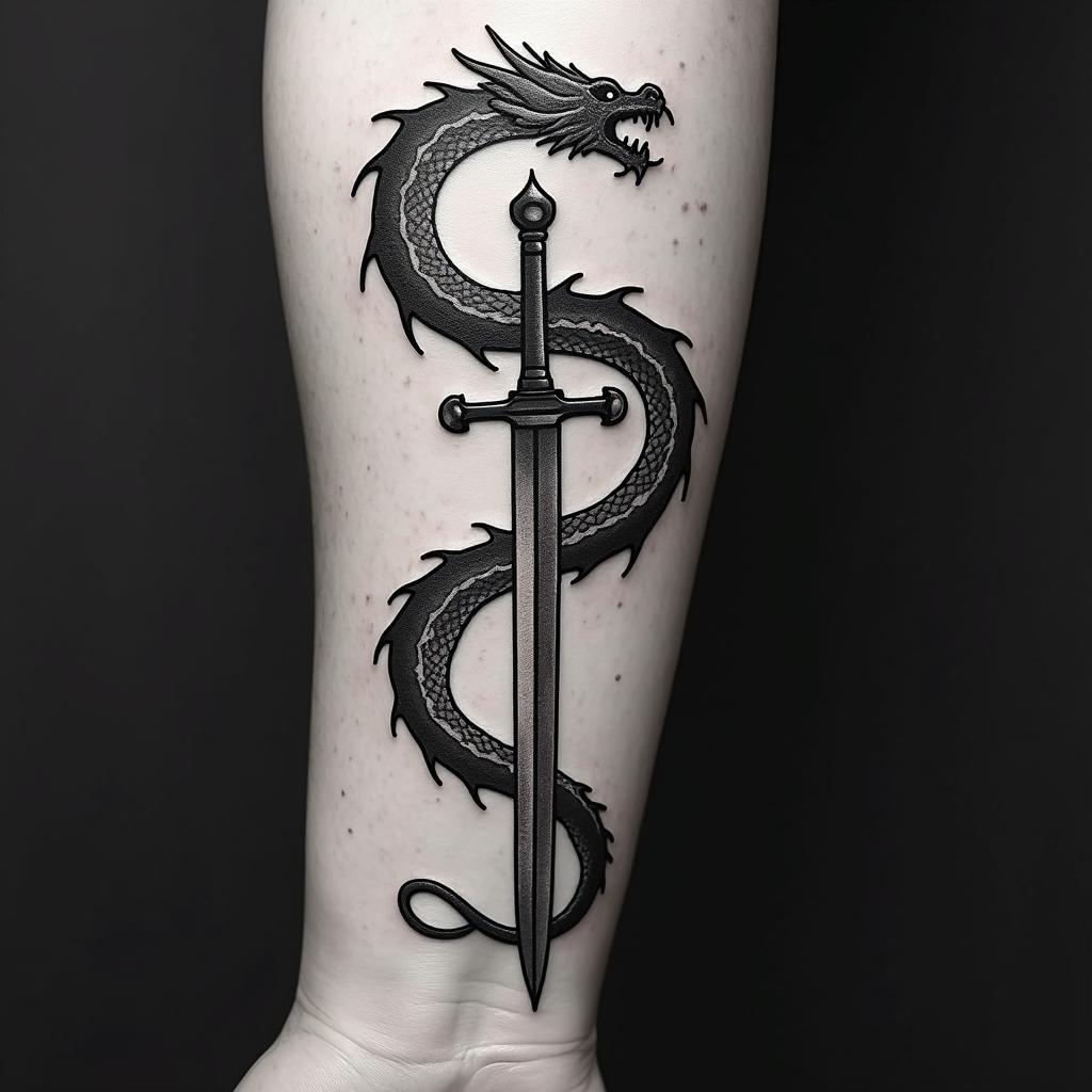 Majestic dragon coiled around a swordin 8-bit tattoo style, minimalistic pixel style tattoo, pixel art with simplified shapes and retro gaming visuals, inspired by 8-bit pixel based detailing - Variation 8