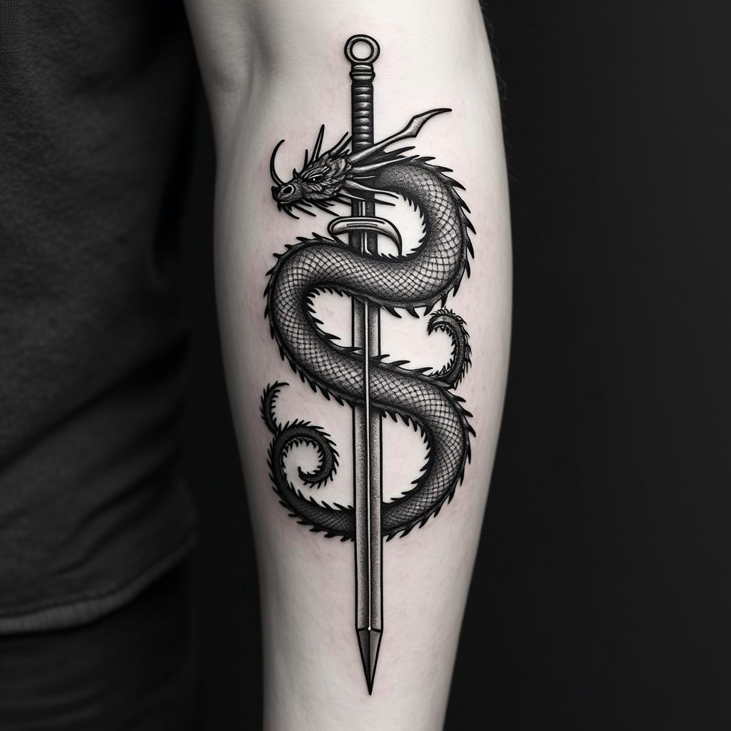 Majestic dragon coiled around a swordin 8-bit tattoo style, minimalistic pixel style tattoo, pixel art with simplified shapes and retro gaming visuals, inspired by 8-bit pixel based detailing - Variation 4