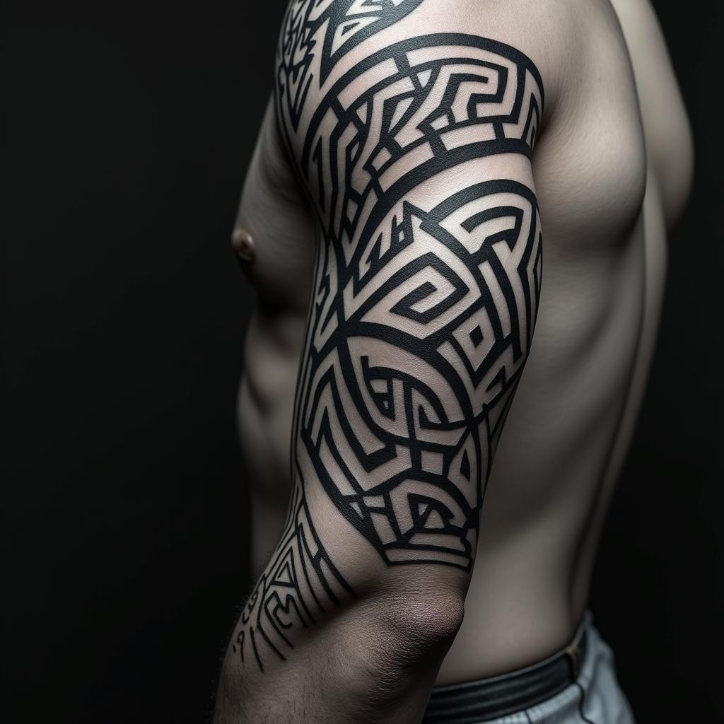Ornamentin tribal tattoo style, featuring bold and black geometric shapes, curved lines, intertwine and flow seamlessly, creating a powerful and symbolic design, polynesian and maori styles - Variation 2