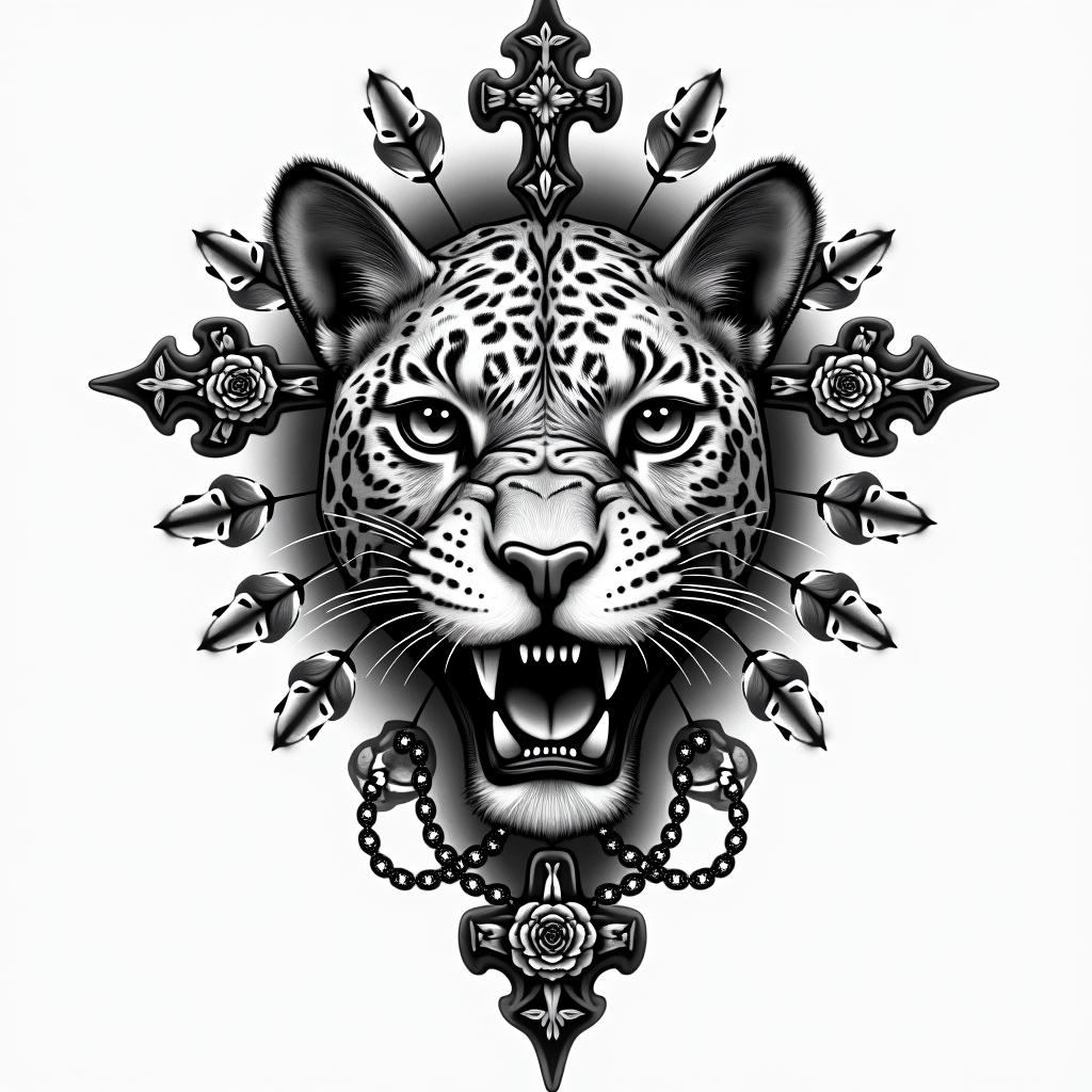 leopard face tattoo with mandela designs all 
around itin chicano style tattoo, featuring intricate black and grey shading, bold elements of traditional chicano culture symbols, add a big cross with skull, chains and roses - Variation 4