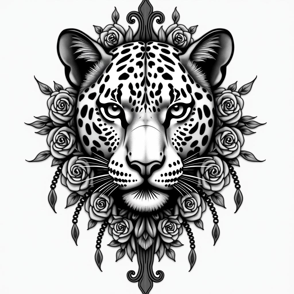 leopard face tattoo with mandela designs all 
around itin chicano style tattoo, featuring intricate black and grey shading, bold elements of traditional chicano culture symbols, add a big cross with skull, chains and roses - Variation 3