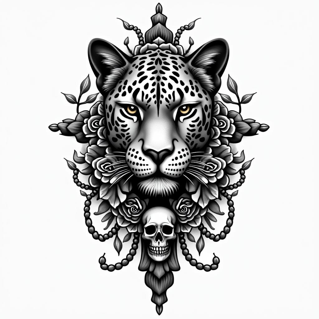 leopard face tattoo with mandela designs all 
around itin chicano style tattoo, featuring intricate black and grey shading, bold elements of traditional chicano culture symbols, add a big cross with skull, chains and roses