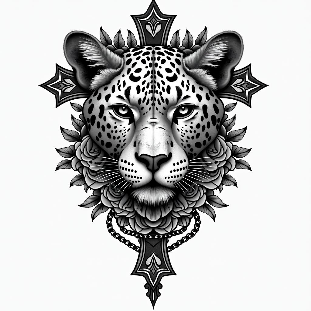 leopard face tattoo with mandela designs all 
around itin chicano style tattoo, featuring intricate black and grey shading, bold elements of traditional chicano culture symbols, add a big cross with skull, chains and roses - Variation 2