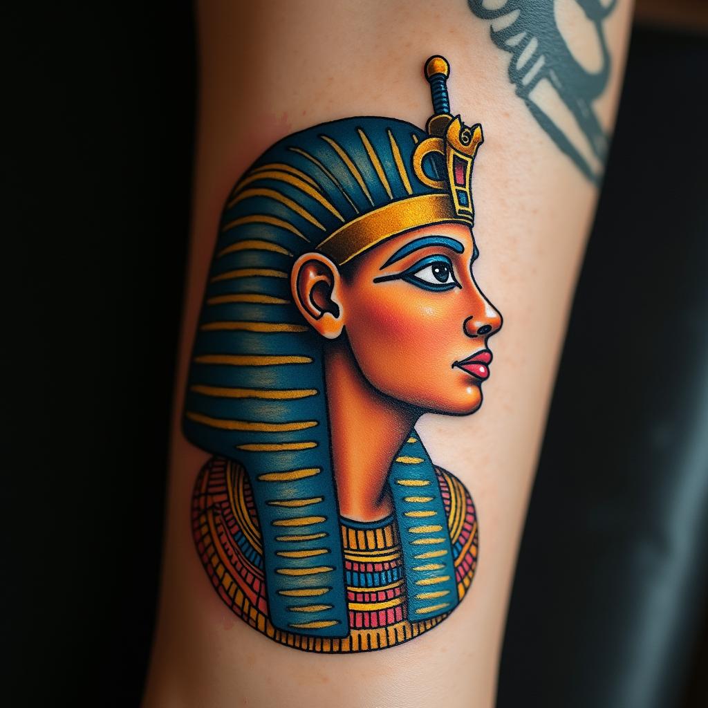 Inspirational, sentimental,in egyptian style tattoo, bold elements of ancient egyptian culture including a portrait of an Egyptian pharaoh with detailed facial features, in hieroglyphs and symbolic imagery, eye of horus, ankh symbol, scarab beetle - Variation 3