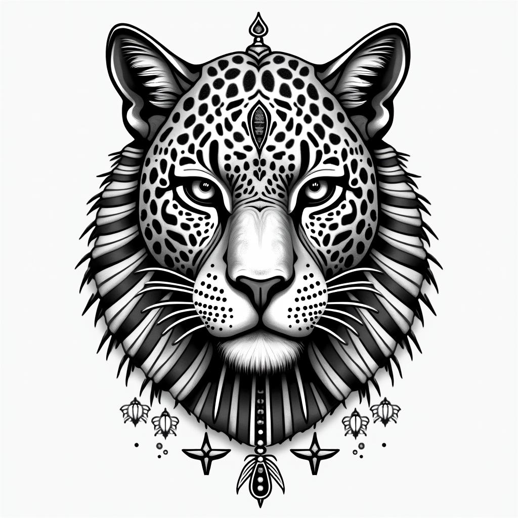 leopard face tattoo with mandela designs all
around itin egyptian style tattoo, bold elements of ancient egyptian culture including a portrait of an Egyptian pharaoh with detailed facial features, in hieroglyphs and symbolic imagery, eye of horus, ankh symbol, scarab beetle - Variation 3