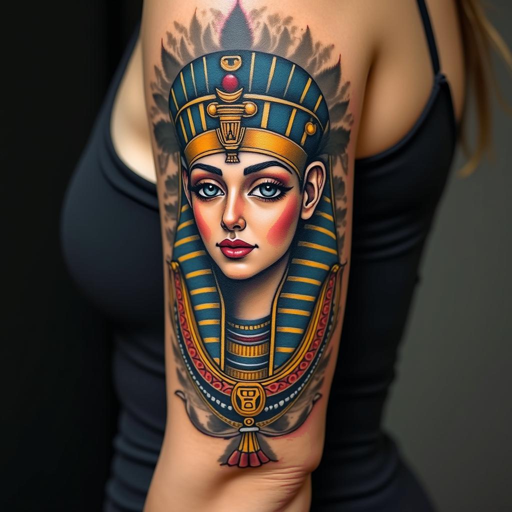 Inspirational, sentimental,in egyptian style tattoo, bold elements of ancient egyptian culture including a portrait of an Egyptian pharaoh with detailed facial features, in hieroglyphs and symbolic imagery, eye of horus, ankh symbol, scarab beetle - Variation 4