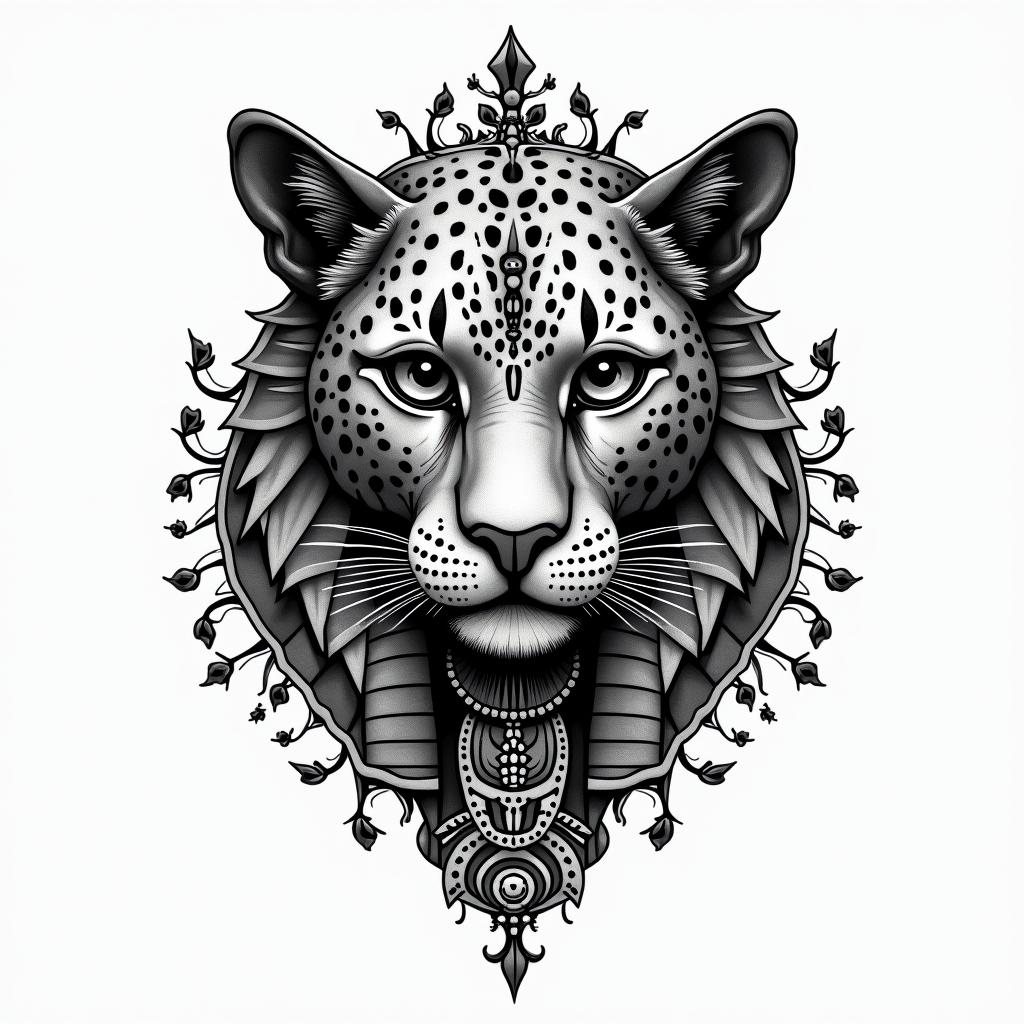 leopard face tattoo with mandela designs all
around itin egyptian style tattoo, bold elements of ancient egyptian culture including a portrait of an Egyptian pharaoh with detailed facial features, in hieroglyphs and symbolic imagery, eye of horus, ankh symbol, scarab beetle - Variation 4