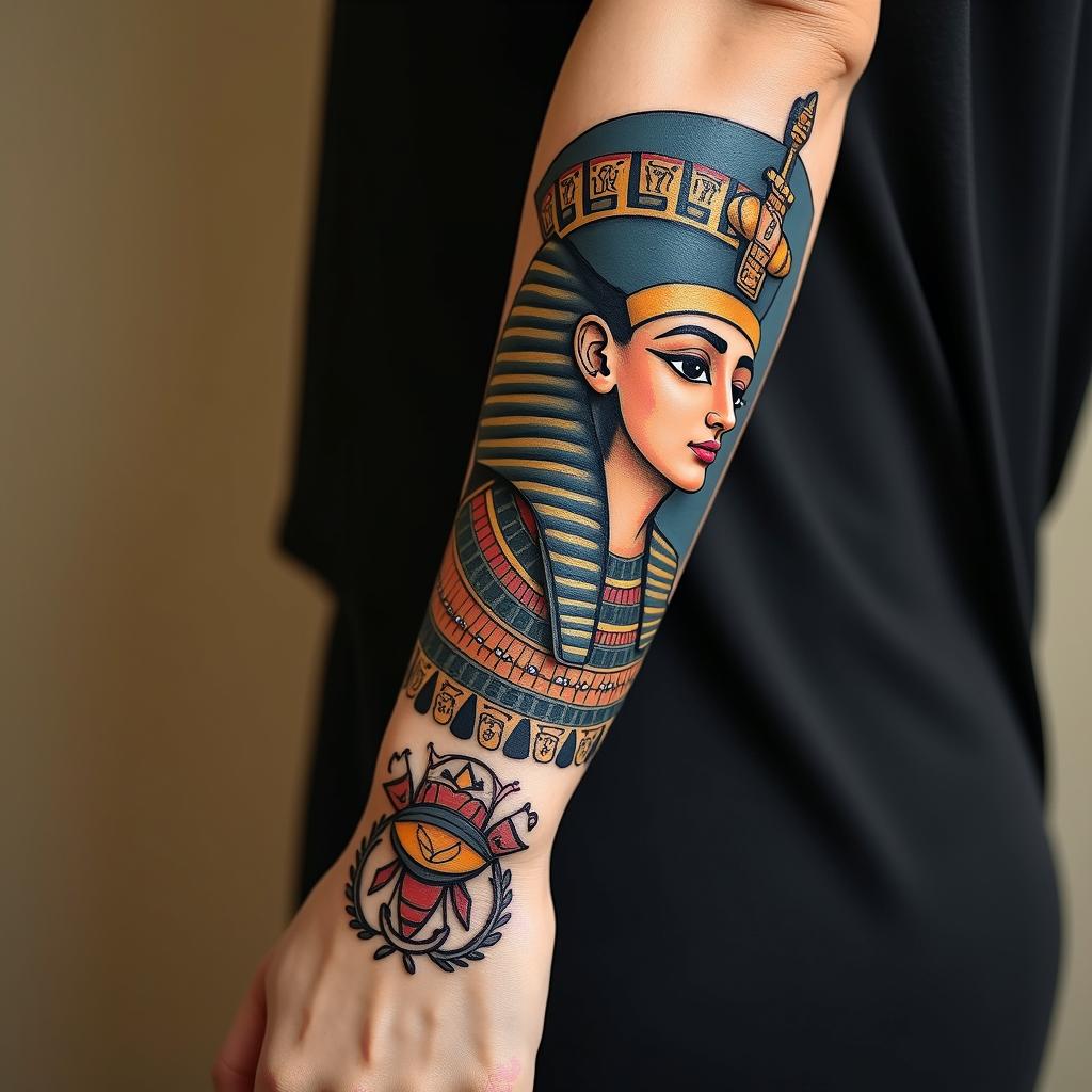Inspirational, sentimental,in egyptian style tattoo, bold elements of ancient egyptian culture including a portrait of an Egyptian pharaoh with detailed facial features, in hieroglyphs and symbolic imagery, eye of horus, ankh symbol, scarab beetle - Variation 1