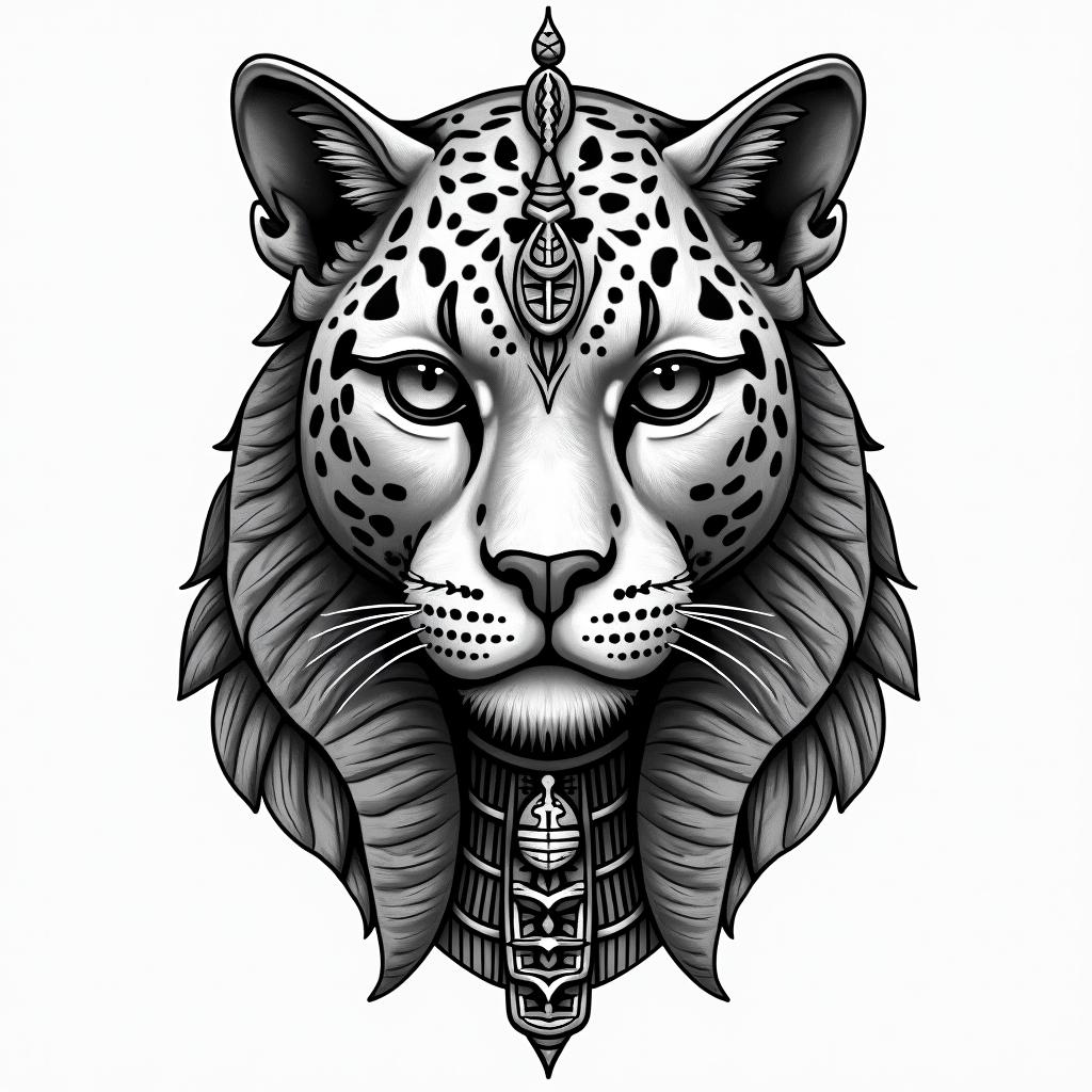 leopard face tattoo with mandela designs all
around itin egyptian style tattoo, bold elements of ancient egyptian culture including a portrait of an Egyptian pharaoh with detailed facial features, in hieroglyphs and symbolic imagery, eye of horus, ankh symbol, scarab beetle - Variation 2