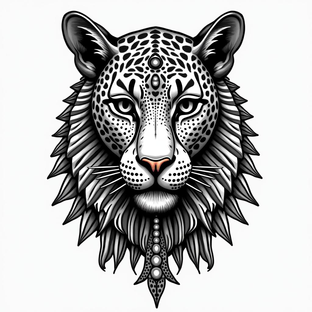 leopard face tattoo with mandela designs all 
around itin egyptian style tattoo, bold elements of ancient egyptian culture including a portrait of an Egyptian pharaoh with detailed facial features, in hieroglyphs and symbolic imagery, eye of horus, ankh symbol, scarab beetle