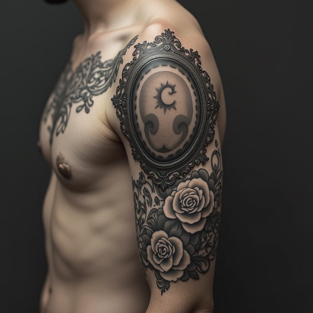Ornamentin victorian style tattoo, featuring vintage and elegant elements, ornate frames, roses, antique, sepia-toned color scheme