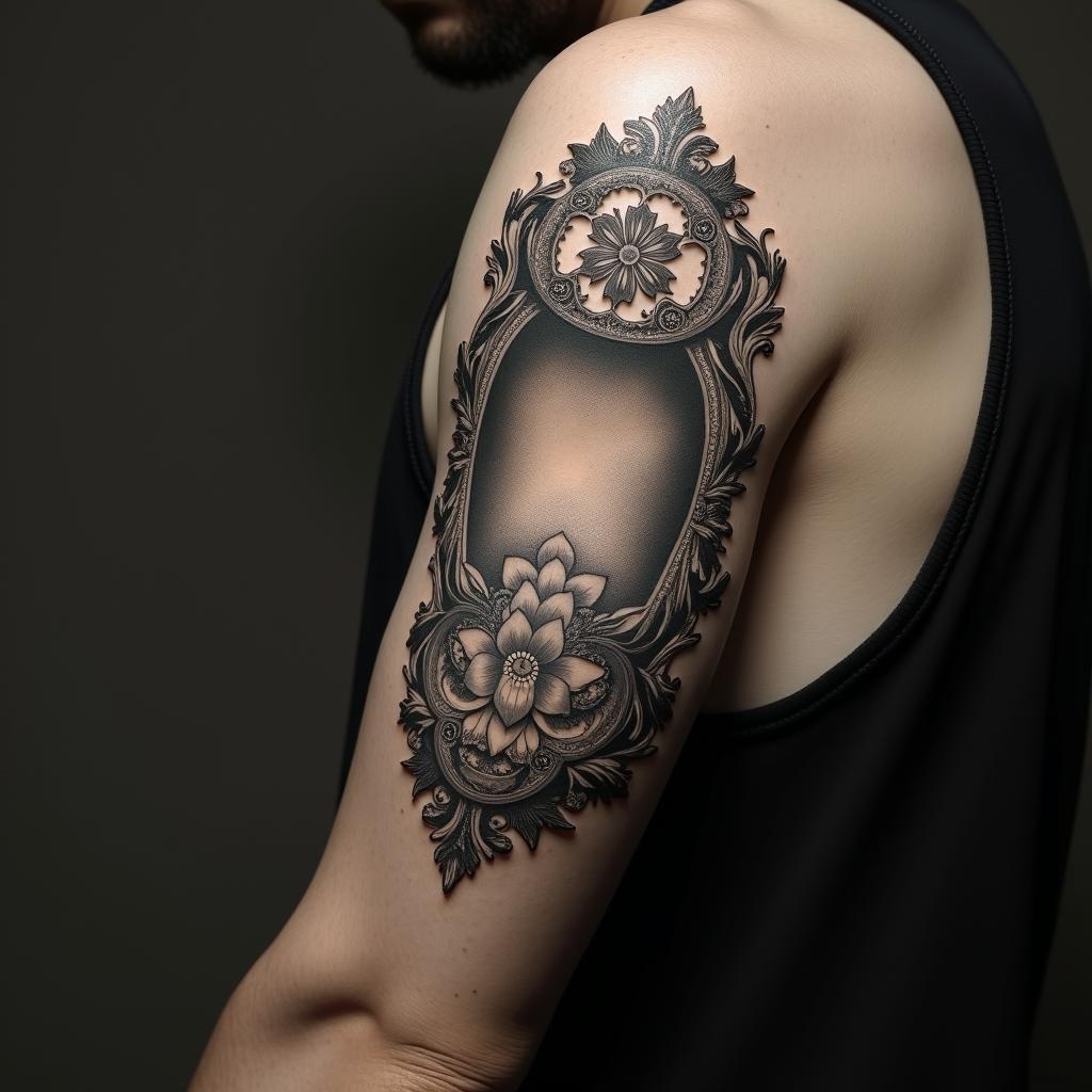 Ornamentin victorian style tattoo, featuring vintage and elegant elements, ornate frames, roses, antique, sepia-toned color scheme - Variation 3