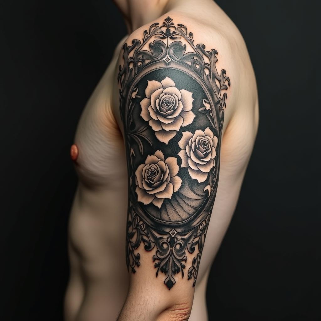 Ornamentin victorian style tattoo, featuring vintage and elegant elements, ornate frames, roses, antique, sepia-toned color scheme - Variation 2