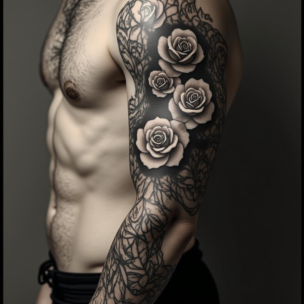 Ornamentin victorian style tattoo, featuring vintage and elegant elements, ornate frames, roses, antique, sepia-toned color scheme - Variation 4