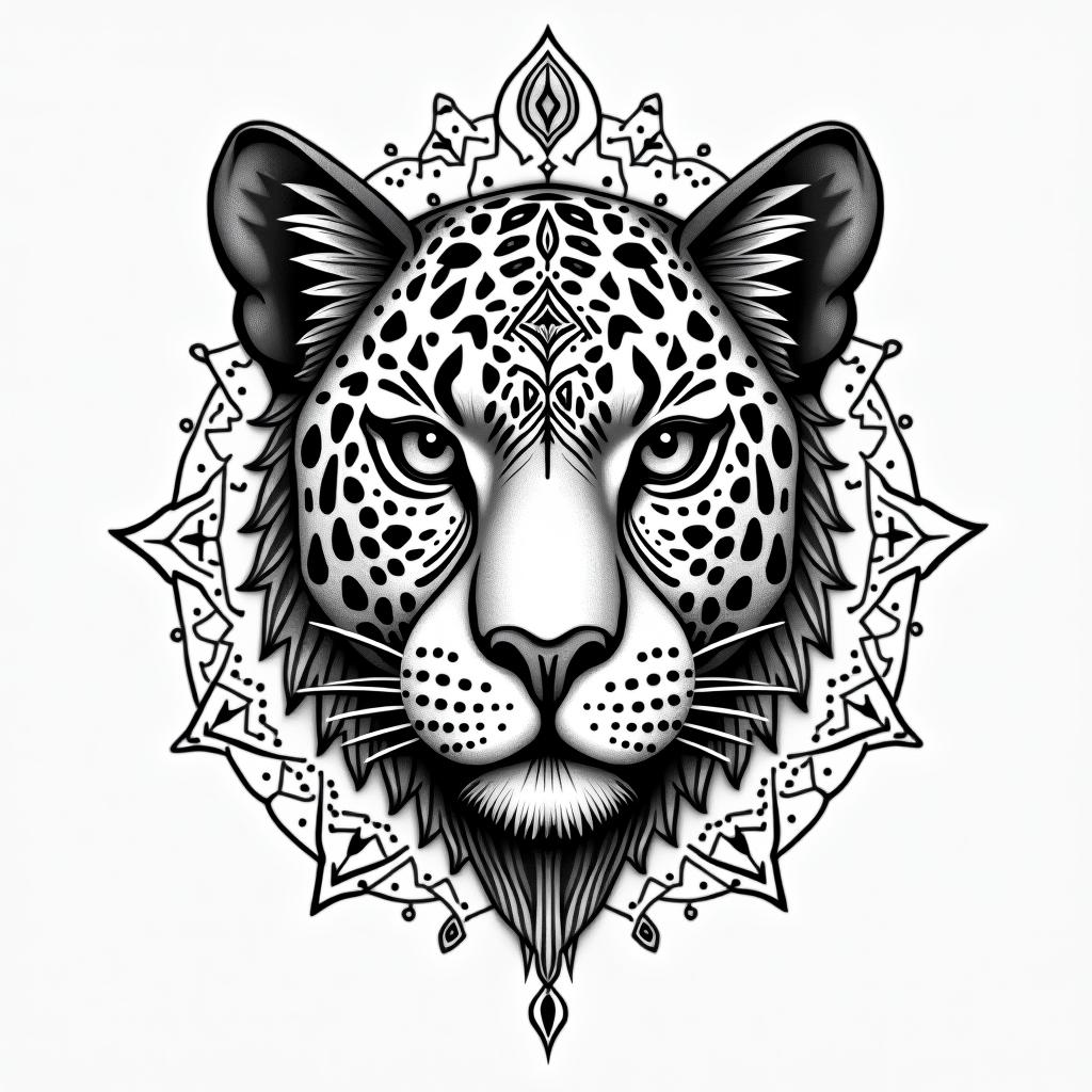 leopard face tattoo with mandela designs all 
around itin spiritual symbols tattoo style, featuring an intricate design incorporating elements, Hamsa hand, third eye, minimalist composition - Variation 2