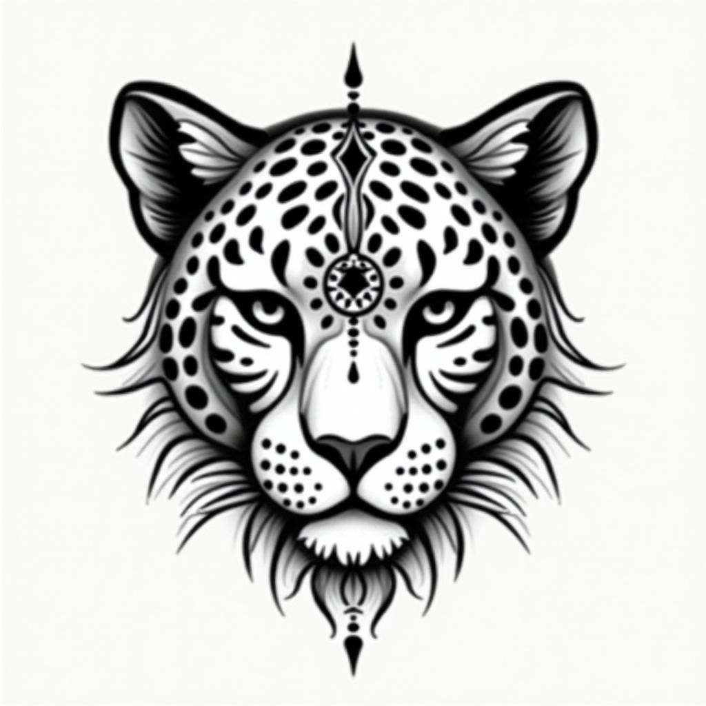 leopard face tattoo with mandela designs all 
around itin spiritual symbols tattoo style, featuring an intricate design incorporating elements, Hamsa hand, third eye, minimalist composition - Variation 4
