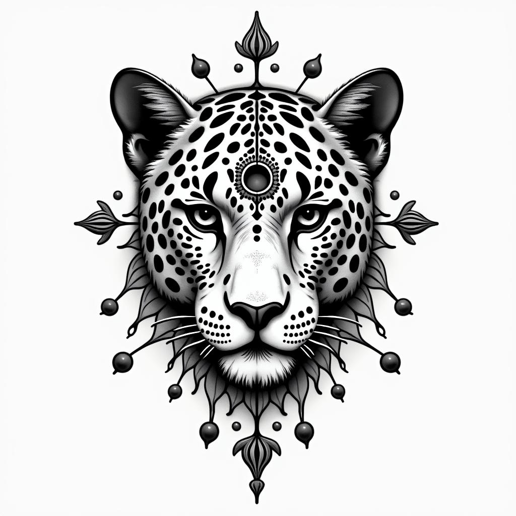 leopard face tattoo with mandela designs all 
around itin spiritual symbols tattoo style, featuring an intricate design incorporating elements, Hamsa hand, third eye, minimalist composition - Variation 3
