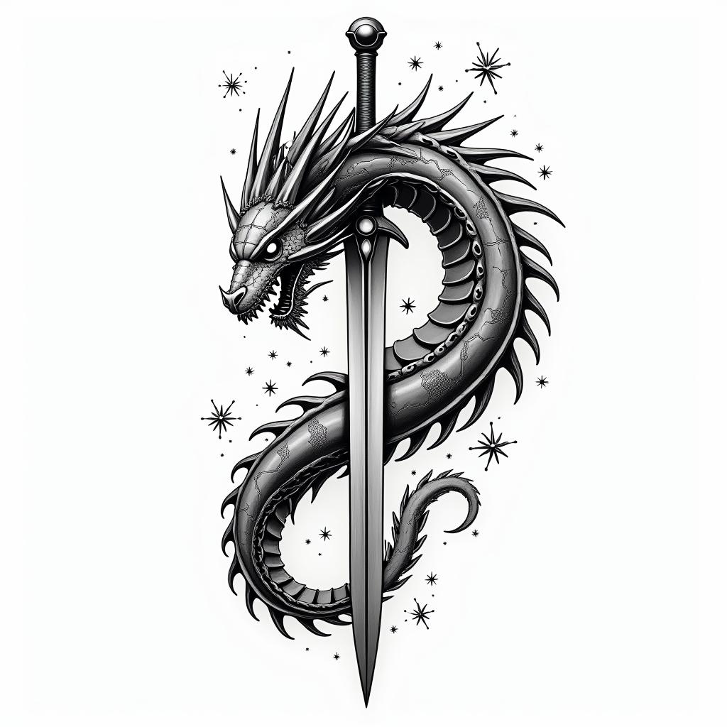 Majestic dragon coiled around a swordtattoo in biomechanic style, the tattoo covered by robotic elements of futuristic cyberpunk design, robotic features detail, showcasing intricate mechanical components - Variation 4