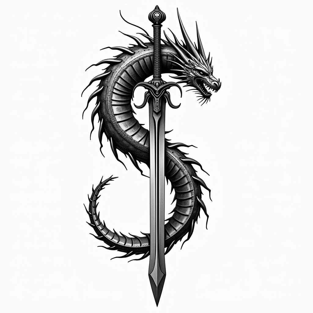 Majestic dragon coiled around a swordtattoo in biomechanic style, the tattoo covered by robotic elements of futuristic cyberpunk design, robotic features detail, showcasing intricate mechanical components - Variation 2