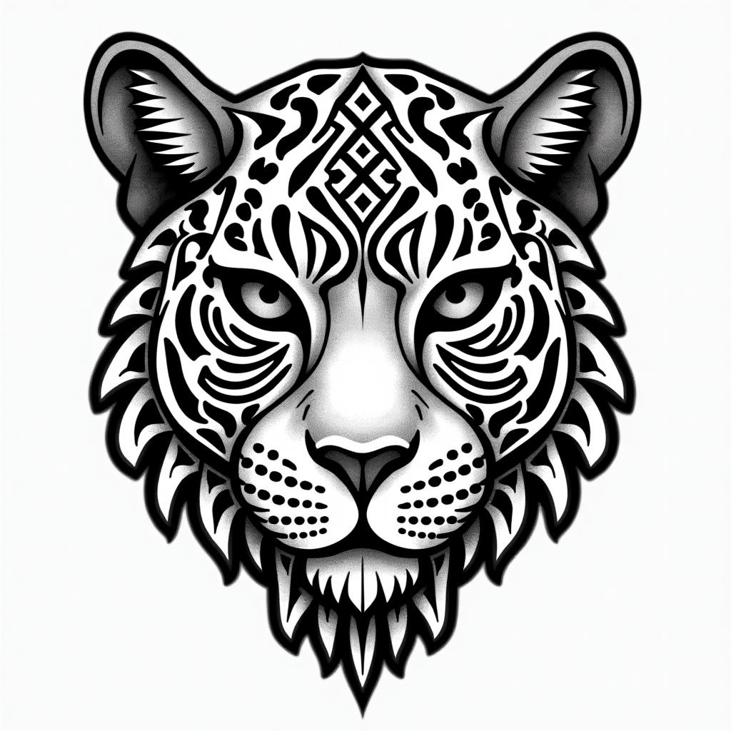 leopard face tattoo with mandela designs all 
around itin tribal tattoo style, featuring bold and black geometric shapes, curved lines, intertwine and flow seamlessly, creating a powerful and symbolic design, polynesian and maori styles - Variation 4