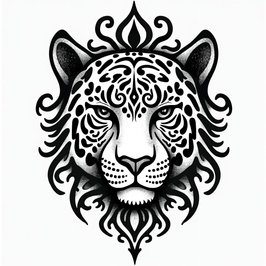 leopard face tattoo with mandela designs all 
around itin tribal tattoo style, featuring bold and black geometric shapes, curved lines, intertwine and flow seamlessly, creating a powerful and symbolic design, polynesian and maori styles - Variation 3