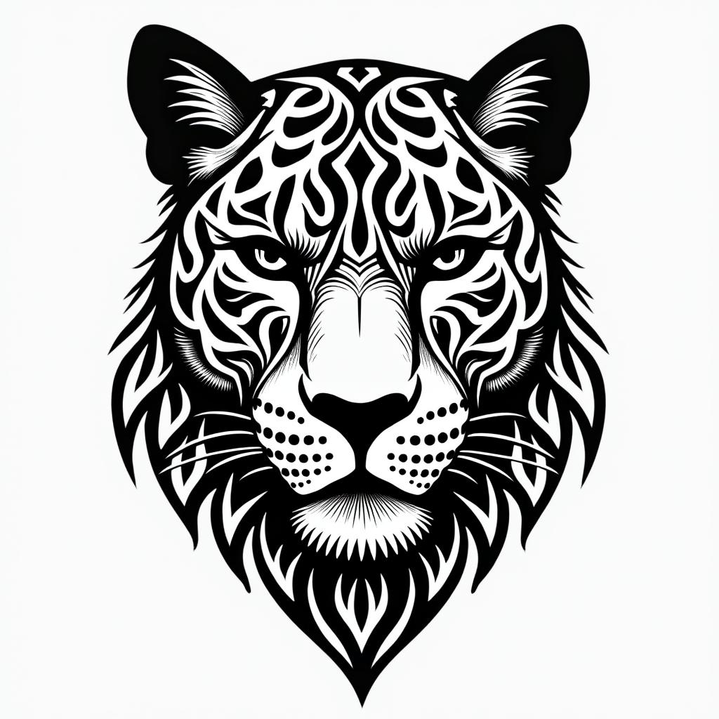 leopard face tattoo with mandela designs all 
around itin tribal tattoo style, featuring bold and black geometric shapes, curved lines, intertwine and flow seamlessly, creating a powerful and symbolic design, polynesian and maori styles - Variation 2