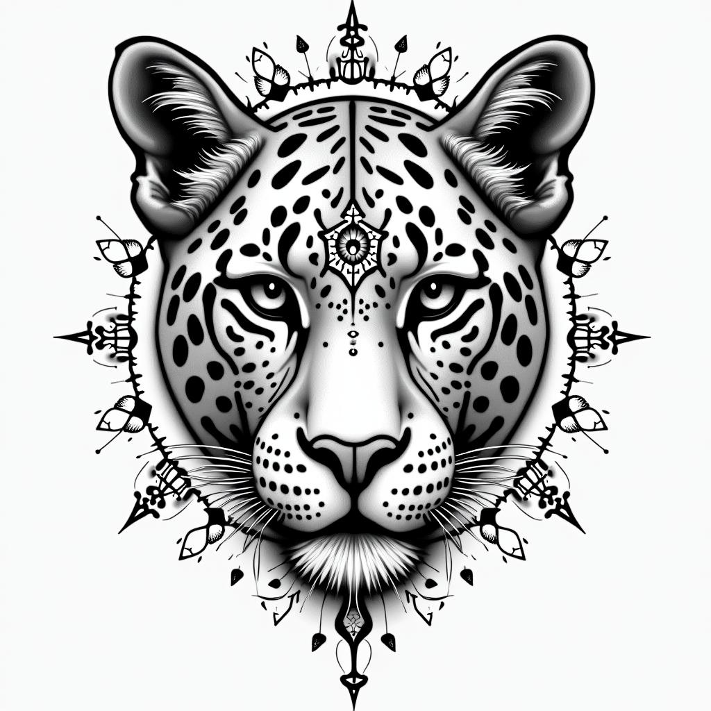 leopard face tattoo with mandela designs all
around itin prophecy tattoo style, featuring mystical symbols, celestial imagery like stars, moons, suns, geometric patterns, foretelling elements, an eye of wisdom - Variation 2