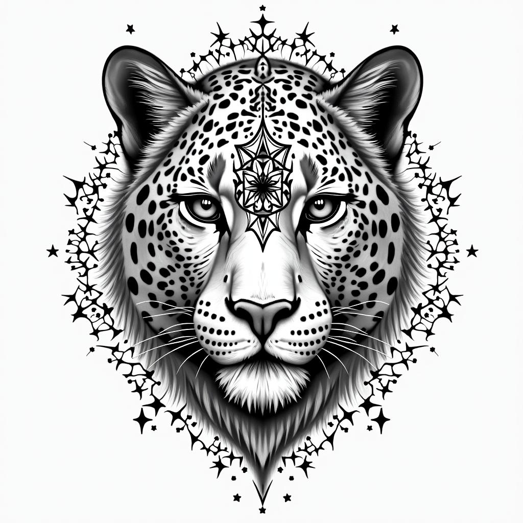 leopard face tattoo with mandela designs all
around itin prophecy tattoo style, featuring mystical symbols, celestial imagery like stars, moons, suns, geometric patterns, foretelling elements, an eye of wisdom - Variation 4