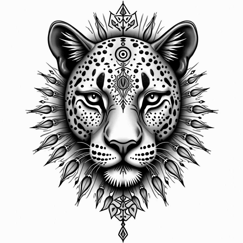 leopard face tattoo with mandela designs all
around itin prophecy tattoo style, featuring mystical symbols, celestial imagery like stars, moons, suns, geometric patterns, foretelling elements, an eye of wisdom - Variation 3