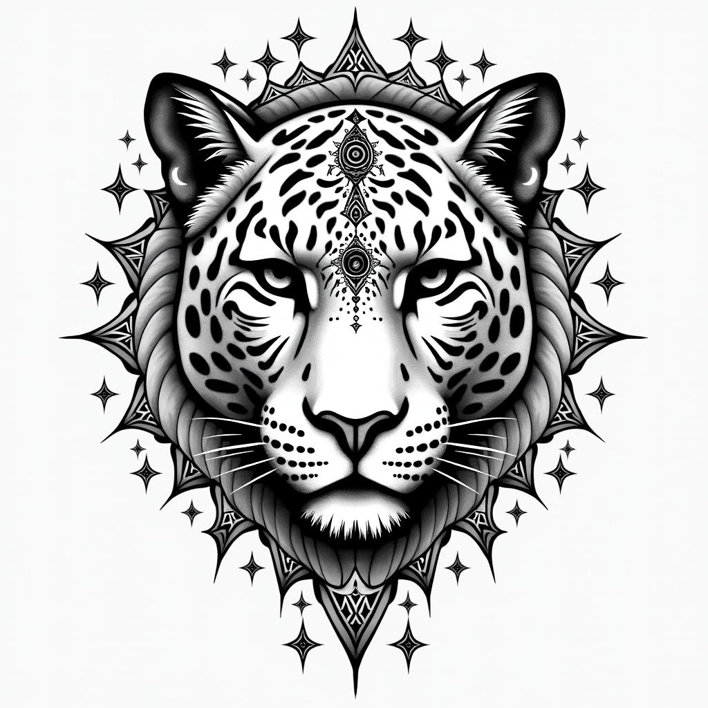 leopard face tattoo with mandela designs all 
around itin prophecy tattoo style, featuring mystical symbols, celestial imagery like stars, moons, suns, geometric patterns, foretelling elements, an eye of wisdom