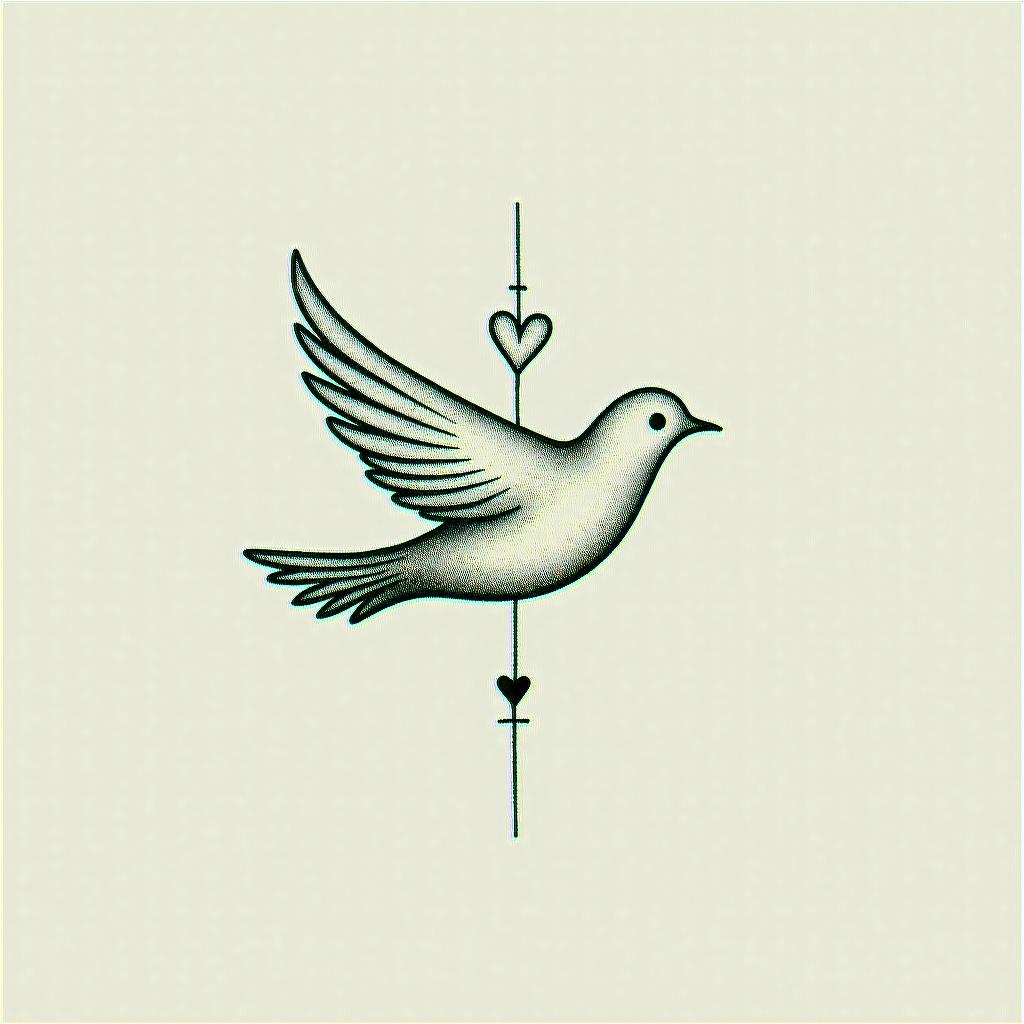 Small dovein Modest style tattoo, featuring soft, delicate line work with simple and meaningful symbols, gentle waves, a heart, evoking a sense of serenity and grace, - Variation 4